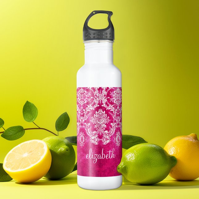 Hot Pink Grunge Damask Pattern Custom Text 710 Ml Water Bottle (Personalized water bottle)