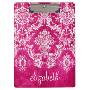 Hot Pink Grunge Damask Pattern Custom Text Clipboard