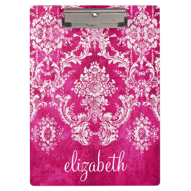 Hot Pink Grunge Damask Pattern Custom Text Clipboard (Front)