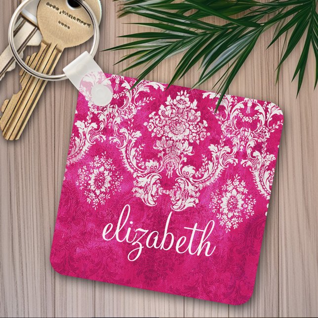 Hot Pink Grunge Damask Pattern Custom Text Key Ring (Personalized keychain - Add Name or Monogram)