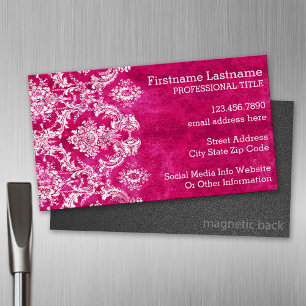 Hot Pink Grunge Damask Pattern Custom Text Magnetic Business Card