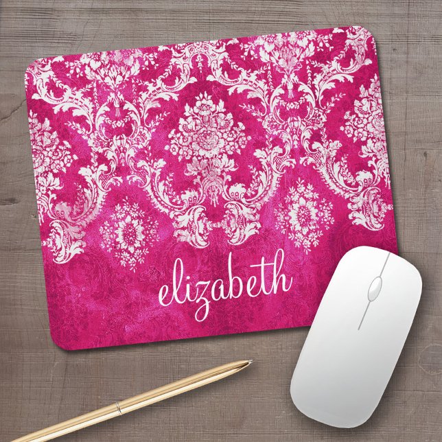 Hot Pink Grunge Damask Pattern Custom Text Mouse Mat (Personalized Mousepad - Add Your Name to this template)