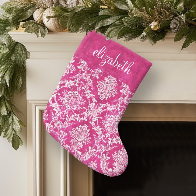 Hot Pink Grunge Damask Pattern Custom Text Small Christmas Stocking (Personalized Christmas Stocking)