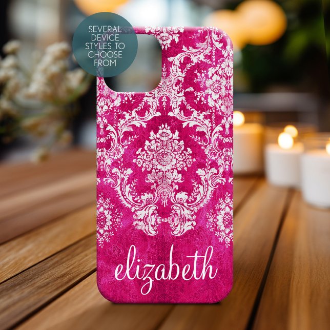 Hot Pink Grunge Damask Pattern Script Text (Personalized Phone Case - Shabby Chic Vintage Damask Pattern with Custom Name)