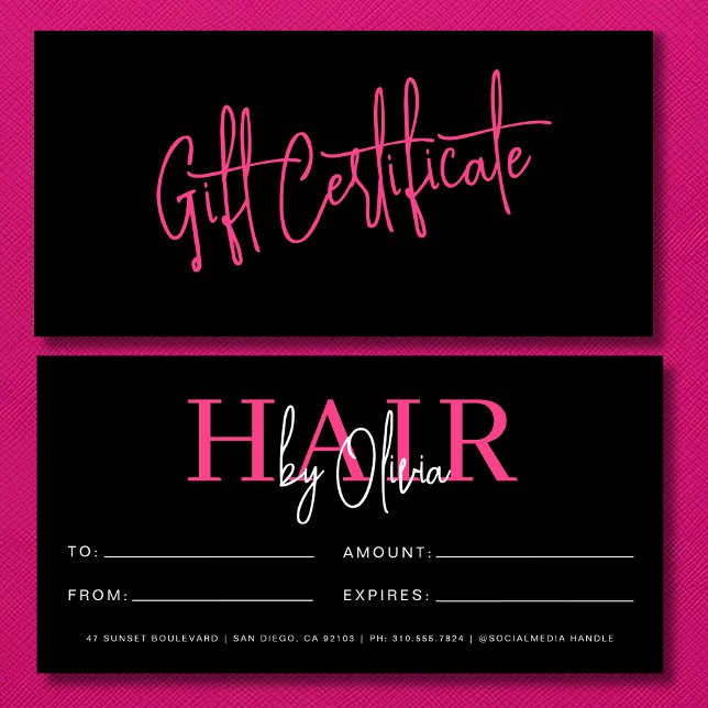 Hot Pink Hair Salon Monogram Gift Certificates (Creator Uploaded)