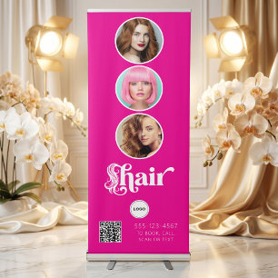 Hot Pink Hair Salon QR Photo Collage Logo Retractable Banner