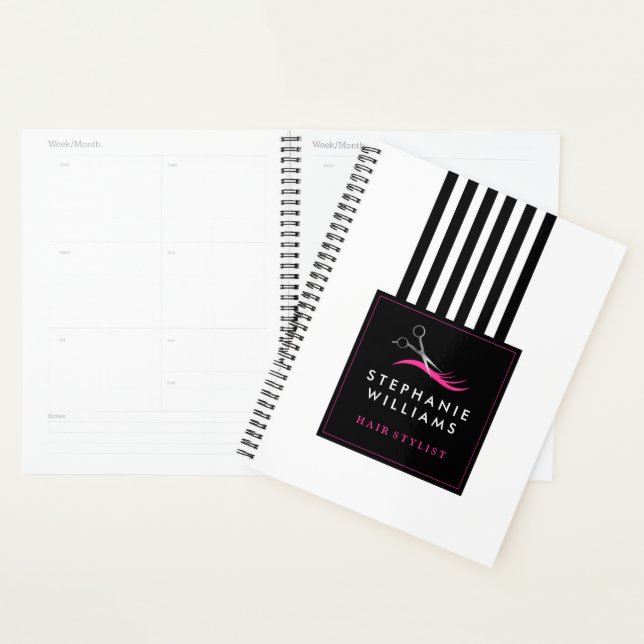 Hot Pink Hair Stylist Scissors and Black Stripes Planner (Display)