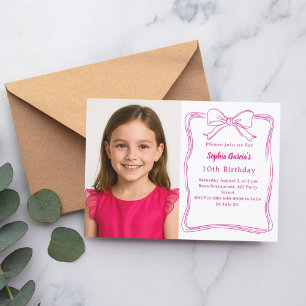 Hot pink hand-drawn bow photo birthday invitation