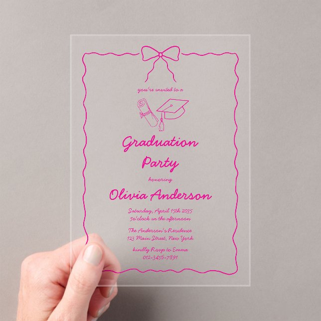 Hot Pink Hand-Drawn Bow Squiggle Graduation Party Acrylic Invitations (Insitu (Handheld))