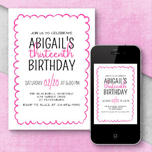 Hot Pink Hand Drawn Girls' Birthday Invitation