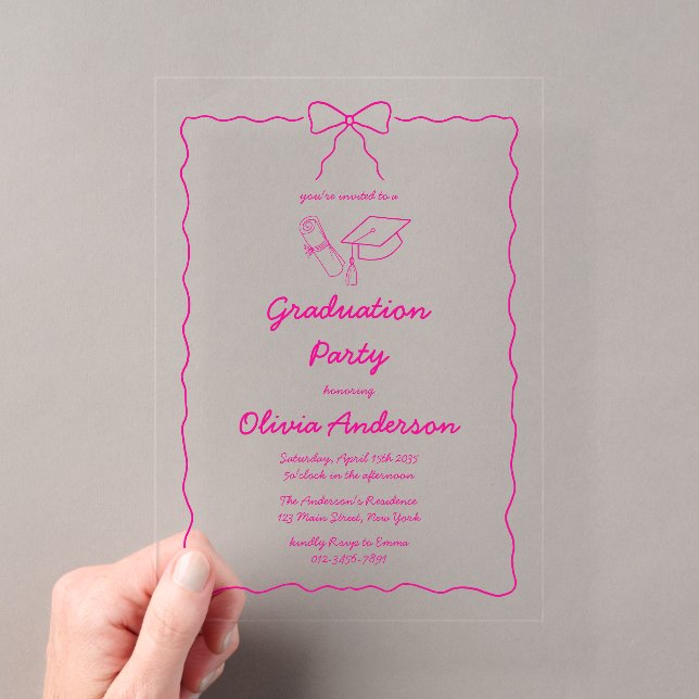Hot Pink Hand Drawn Squiggle Bow Graduation Party Acrylic Invitations (Insitu (Handheld))