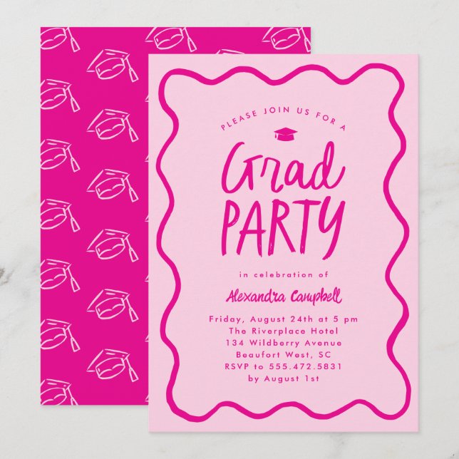Hot Pink Hand Drawn Squiggle Graduation Party Invitation (Front/Back)