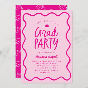 Hot Pink Hand Drawn Squiggle Graduation Party Invitation