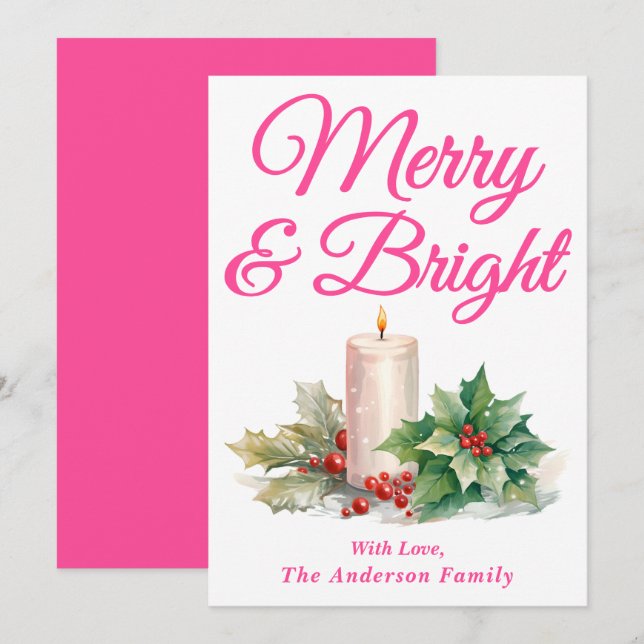 Hot Pink Handwritten Script Merry & Bright Holiday Card (Front/Back)