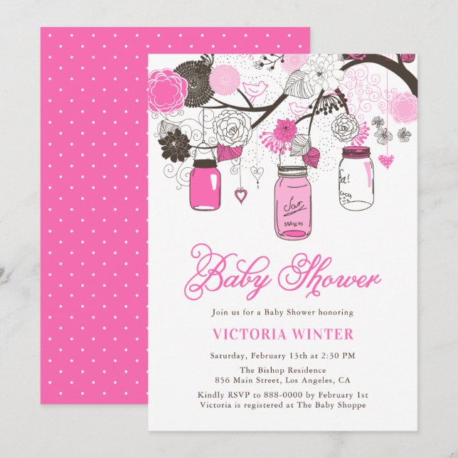 Hot Pink Hanging Mason Jars Baby Shower Invitation (Front/Back)