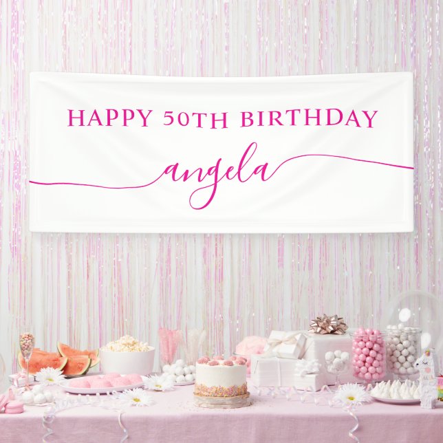 Hot Pink Happy 50th Birthday Glam Signature Name Banner (Party)