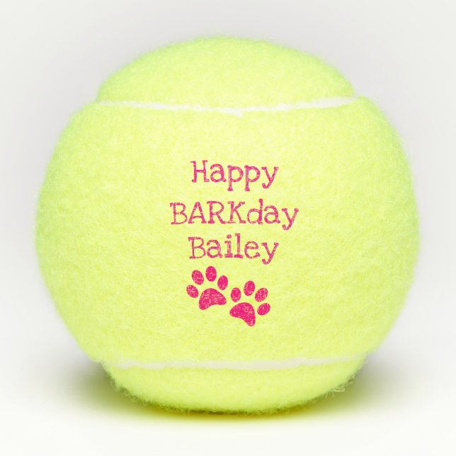 Hot Pink Happy Barkday Birthday Pet Dog Toy Tennis Balls (Front)