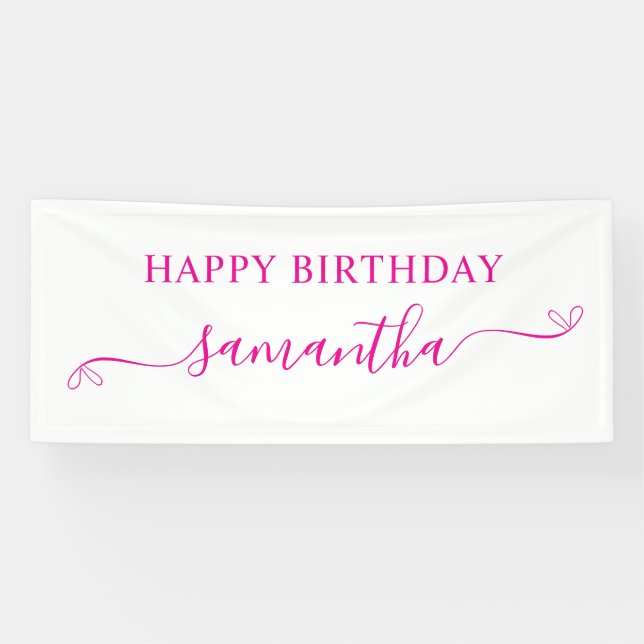 Hot Pink Happy Birthday Cute Bow Signature Name Banner (Horizontal)
