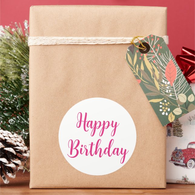 Hot Pink Happy Birthday Simple Minimalist Custom Classic Round Sticker (Holiday)
