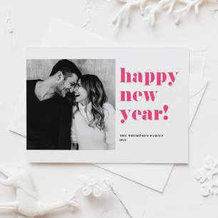 Hot Pink Happy New Year 2025 Bold Typography Photo Holiday Card
