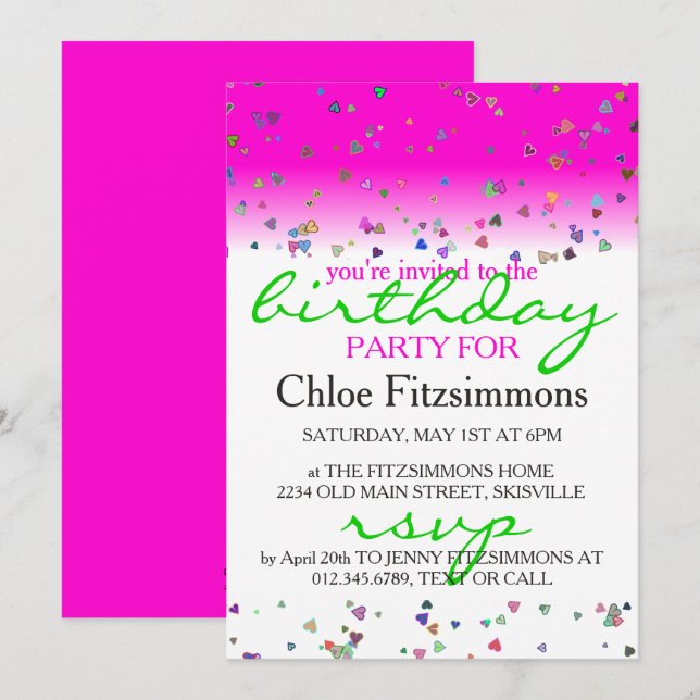 Hot Pink Heart Confetti Birthday Party Invitation (Front/Back)