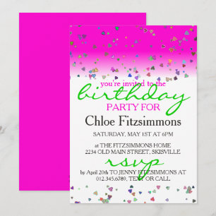 Hot Pink Heart Confetti Birthday Party Invitation