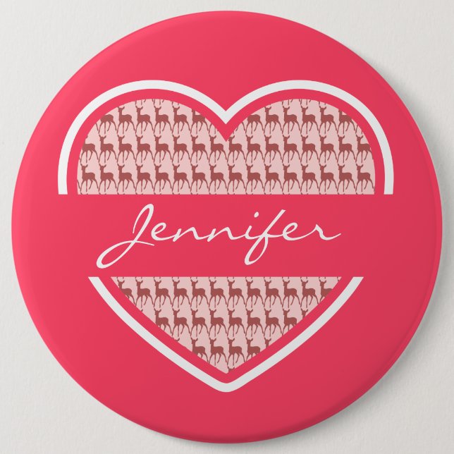 Hot Pink Heart Deer Pattern Personalised Name 6 Cm Round Badge (Front)