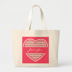 Hot Pink Heart Deer Pattern Personalized Name Large Tote Bag