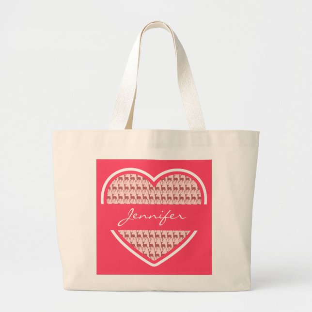 Hot Pink Heart Deer Pattern Personalized Name Large Tote Bag (Front)