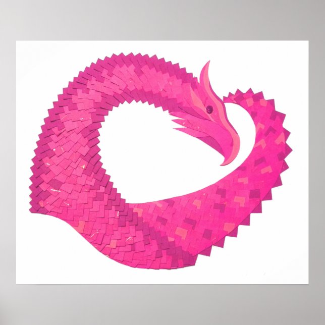 Hot pink heart dragon on white poster (Front)