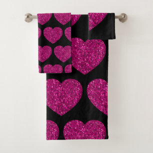 Hot pink heart faux glitter sparkles pattern black bath towel set
