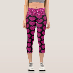 Hot pink heart faux glitter sparkles pattern black capri leggings