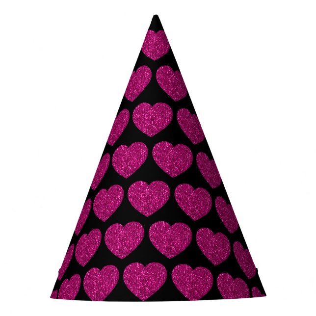 Hot pink heart faux glitter sparkles pattern black party hat (Front)