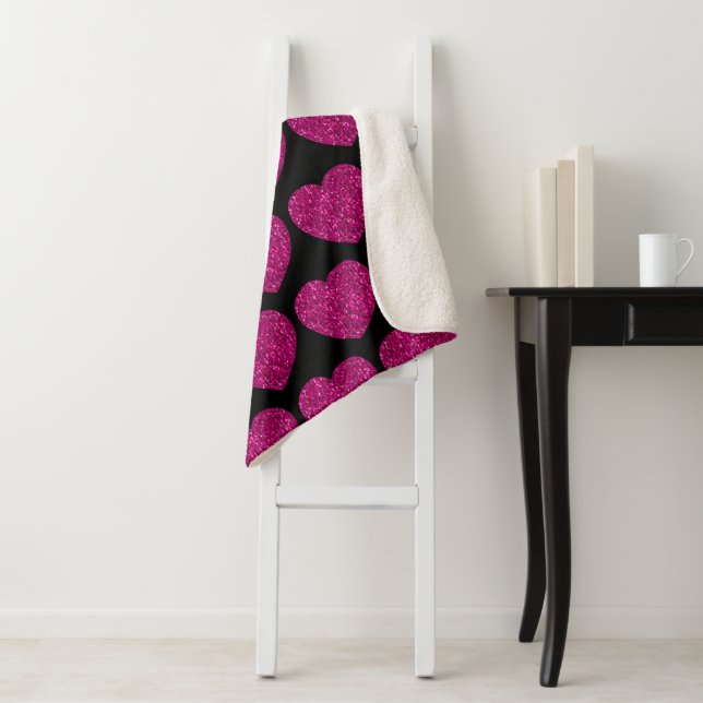 Hot pink heart faux glitter sparkles pattern black sherpa blanket (In Situ)
