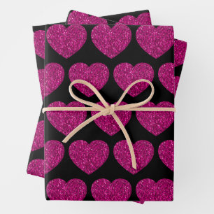 Hot pink heart faux glitter sparkles pattern black wrapping paper sheet