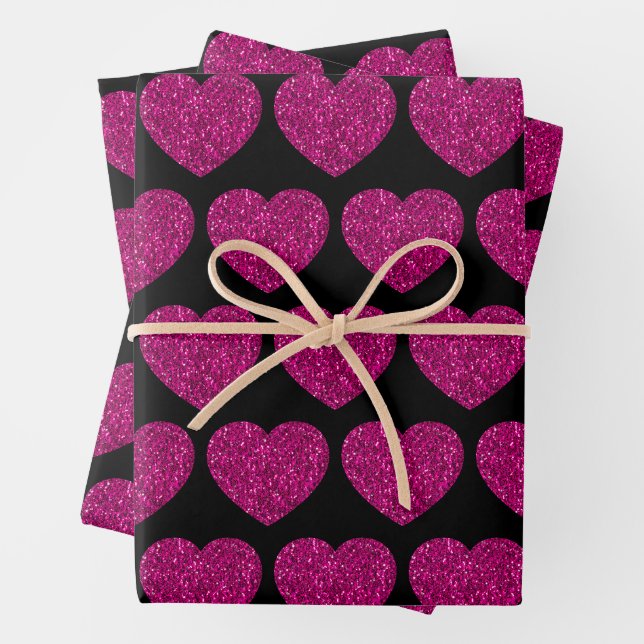 Hot pink heart faux glitter sparkles pattern black wrapping paper sheet (In situ)