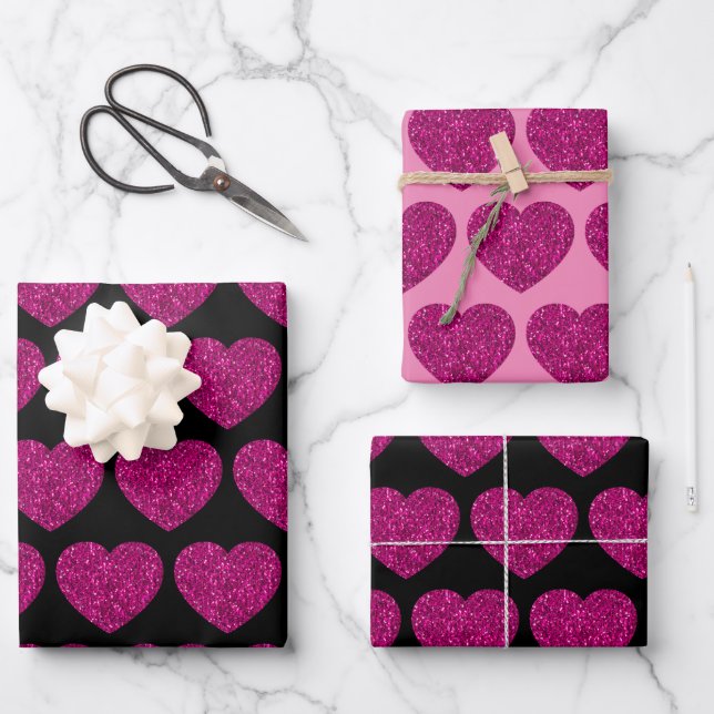 Hot pink heart faux glitter sparkles pattern black wrapping paper sheet (Front)
