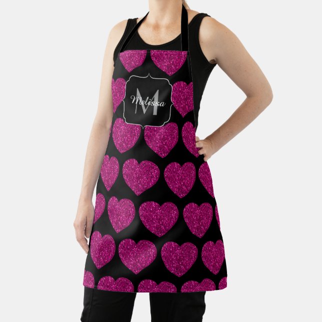Hot pink heart faux sparkles pattern Monogram Apron (Insitu)