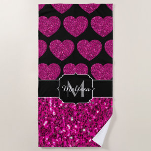 Hot pink heart faux sparkles pattern Monogram Beach Towel