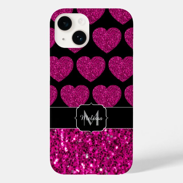 Hot pink heart faux sparkles pattern Monogram Case-Mate iPhone Case (Back)
