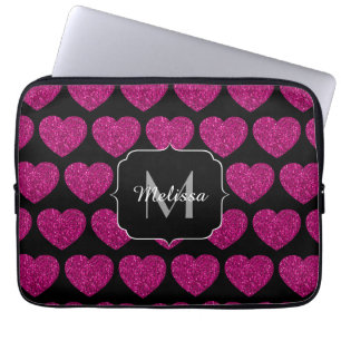 Hot pink heart faux sparkles pattern Monogram Laptop Sleeve