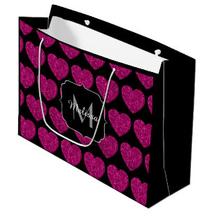 Hot pink heart faux sparkles pattern Monogram Large Gift Bag