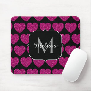Hot pink heart faux sparkles pattern Monogram Mouse Mat