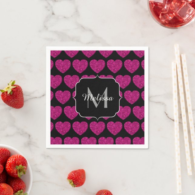 Hot pink heart faux sparkles pattern Monogram Napkin (Insitu)