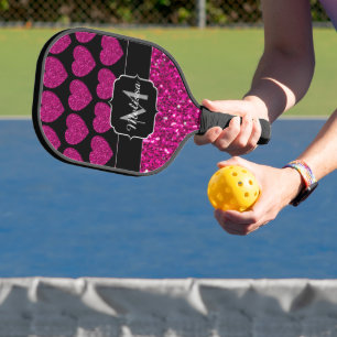 Hot pink heart faux sparkles pattern Monogram Pickleball Paddle