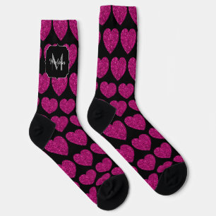 Hot pink heart faux sparkles pattern Monogram Socks