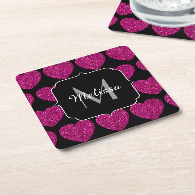 Hot pink heart faux sparkles pattern Monogram Square Paper Coaster (Angled)
