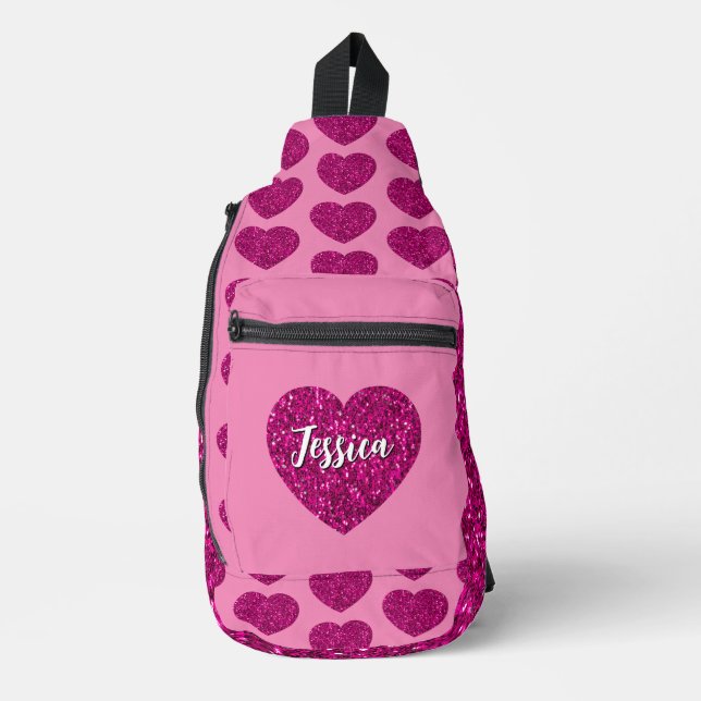 Hot pink heart glitter sparkle pattern Custom Name Sling Bag (Front)