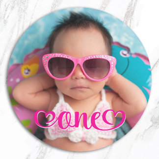 Hot Pink Heart One Photo 1st Birthday Classic Round Sticker