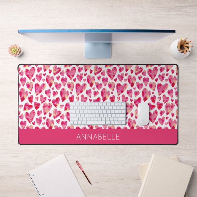 Hot Pink Heart Personalised First Name Desk Mat (Office 1)